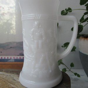 White Milk Glass Beer Mug Tavern Scene by Indiana Glass